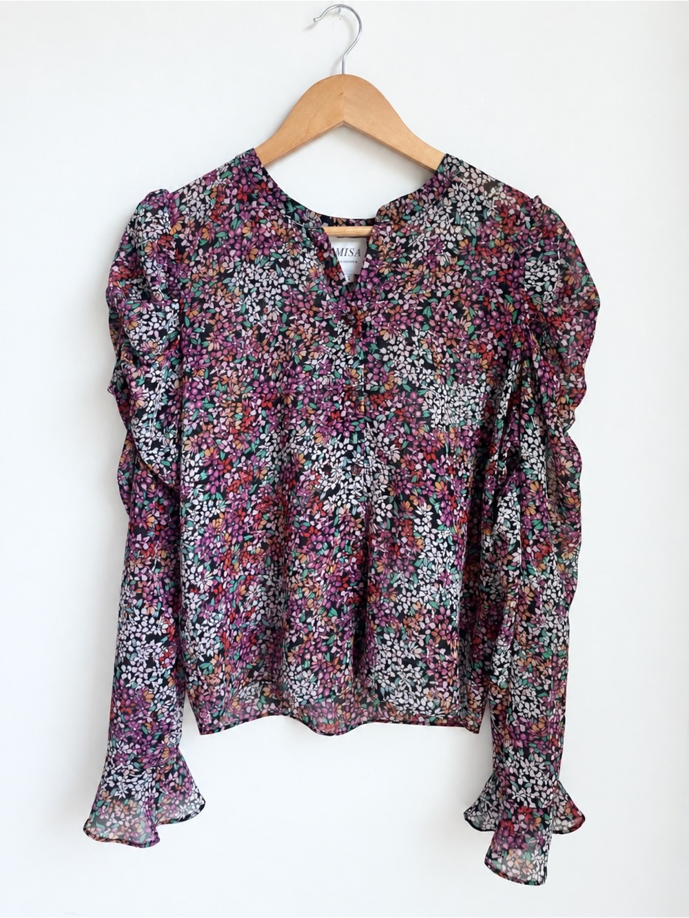 Misa Los Angeles Purple Floral Puff-Sleeve Blouse Long Sleeve